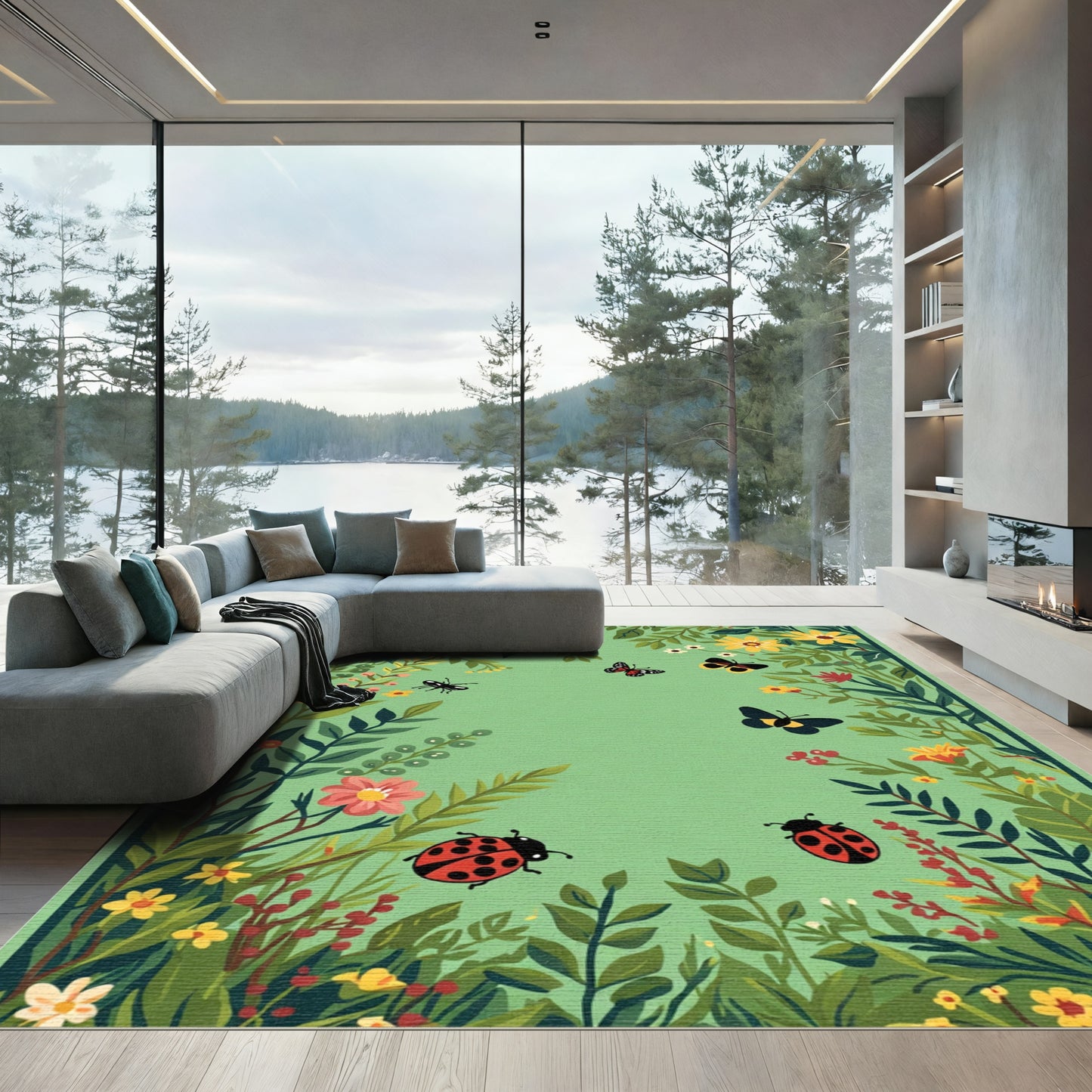 Whimsical Garden Ladybugs Butterflies Rug