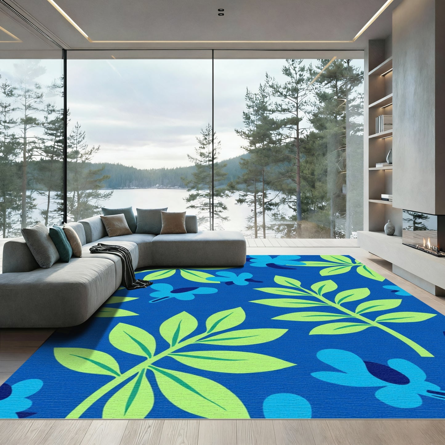 Vibrant Blue Floral Leaf Background Rug