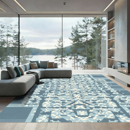 Muted Blue Damask Pixelated Centerpiece Rug