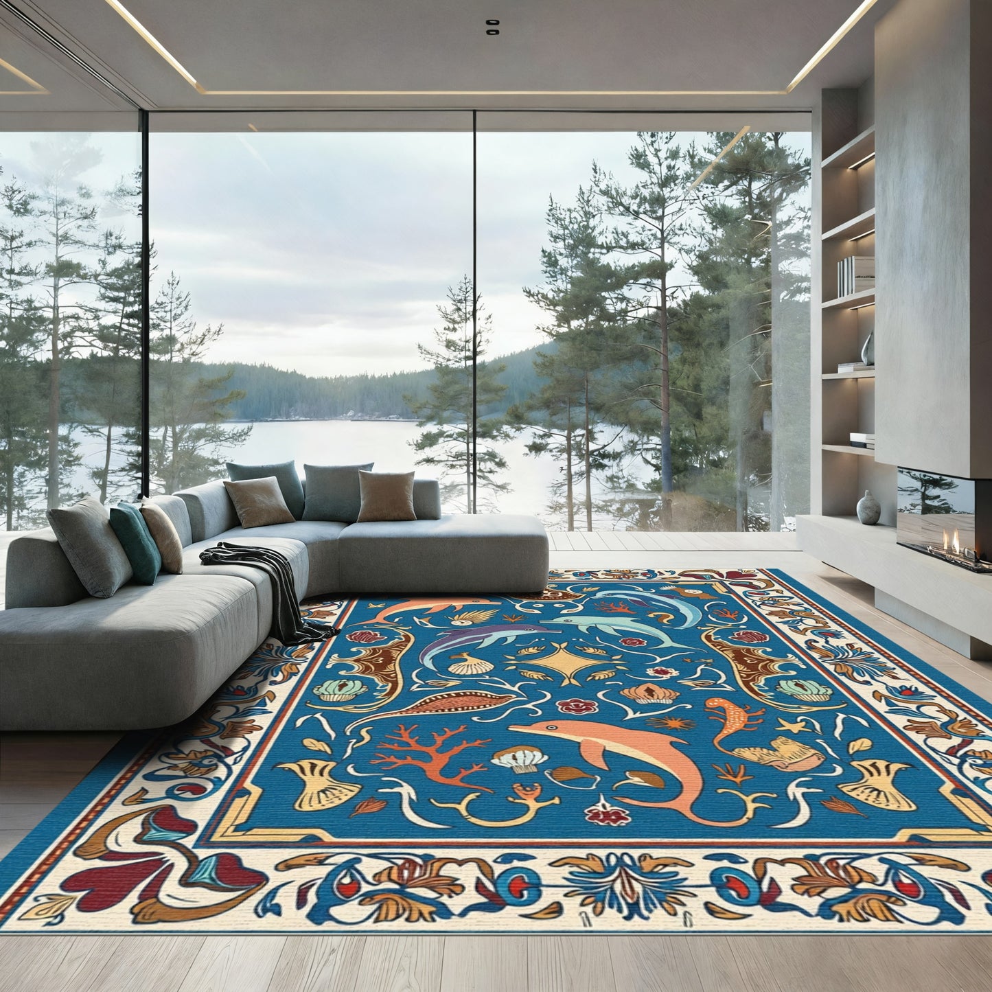 Blue Marine Life Dolphin Coral Scallop Rug