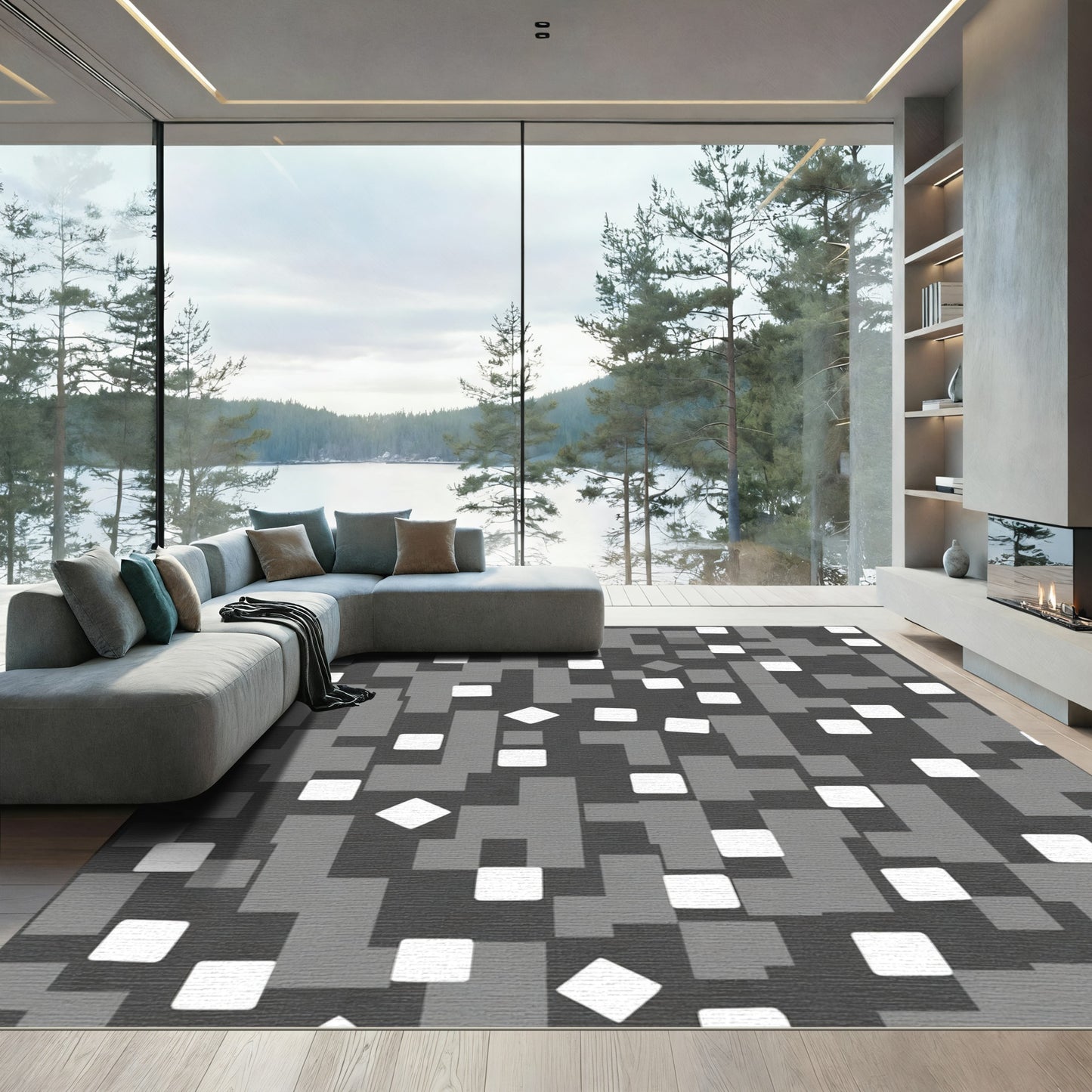 Monochromatic Gray Pixelated Squares Rug