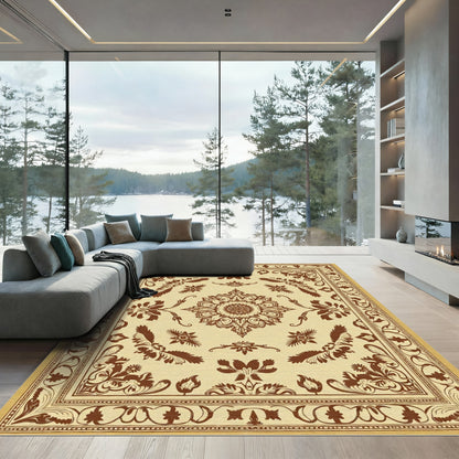 Rustic Brown Floral Medallion Border Rug