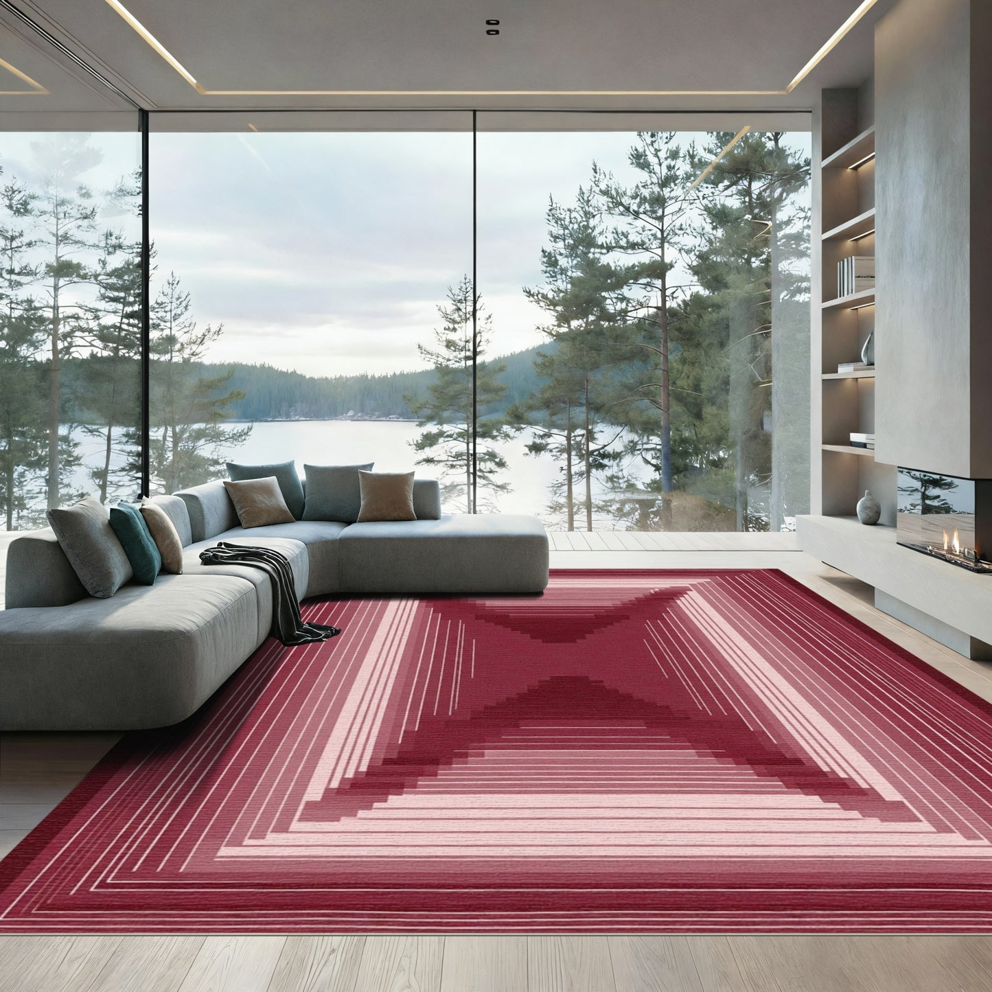 Deep Burgundy Geometric Tunnel Effect Rug