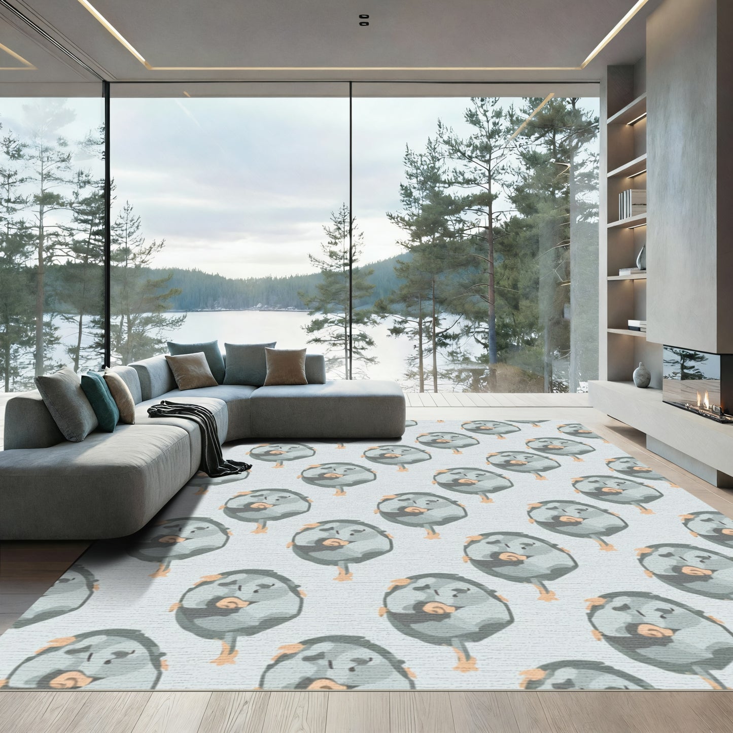 Cute Gray Bird Repeating Pattern Rug