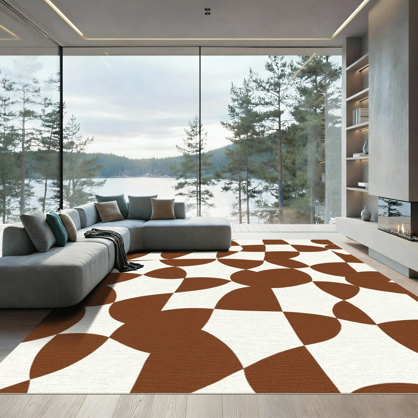 Brown White Abstract Checkered Flow Rug