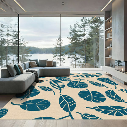 Deep Blue Leafy Collage on Beige Rug