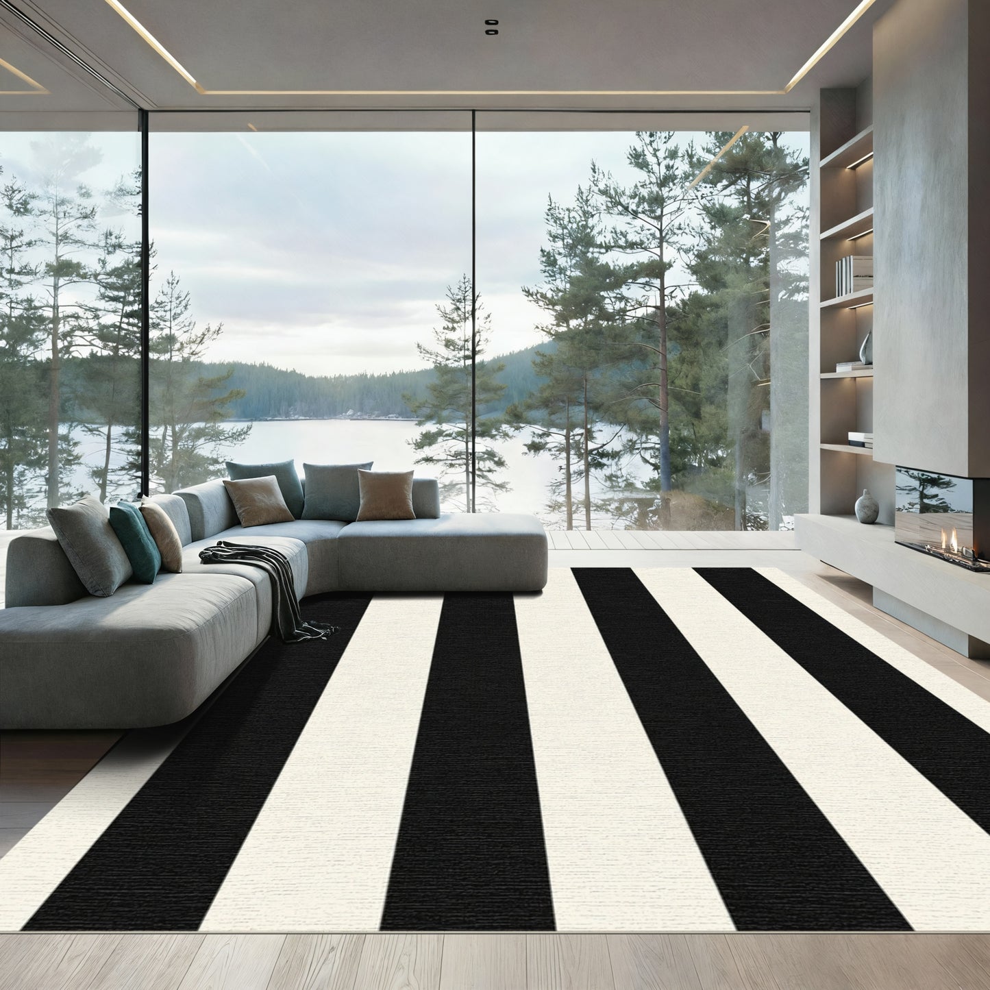 Bold Black Cream Striped Rug