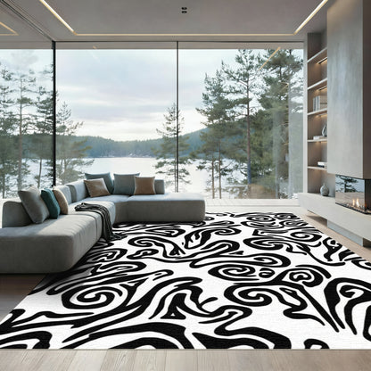 Black White Abstract Whirling Swirls Rug