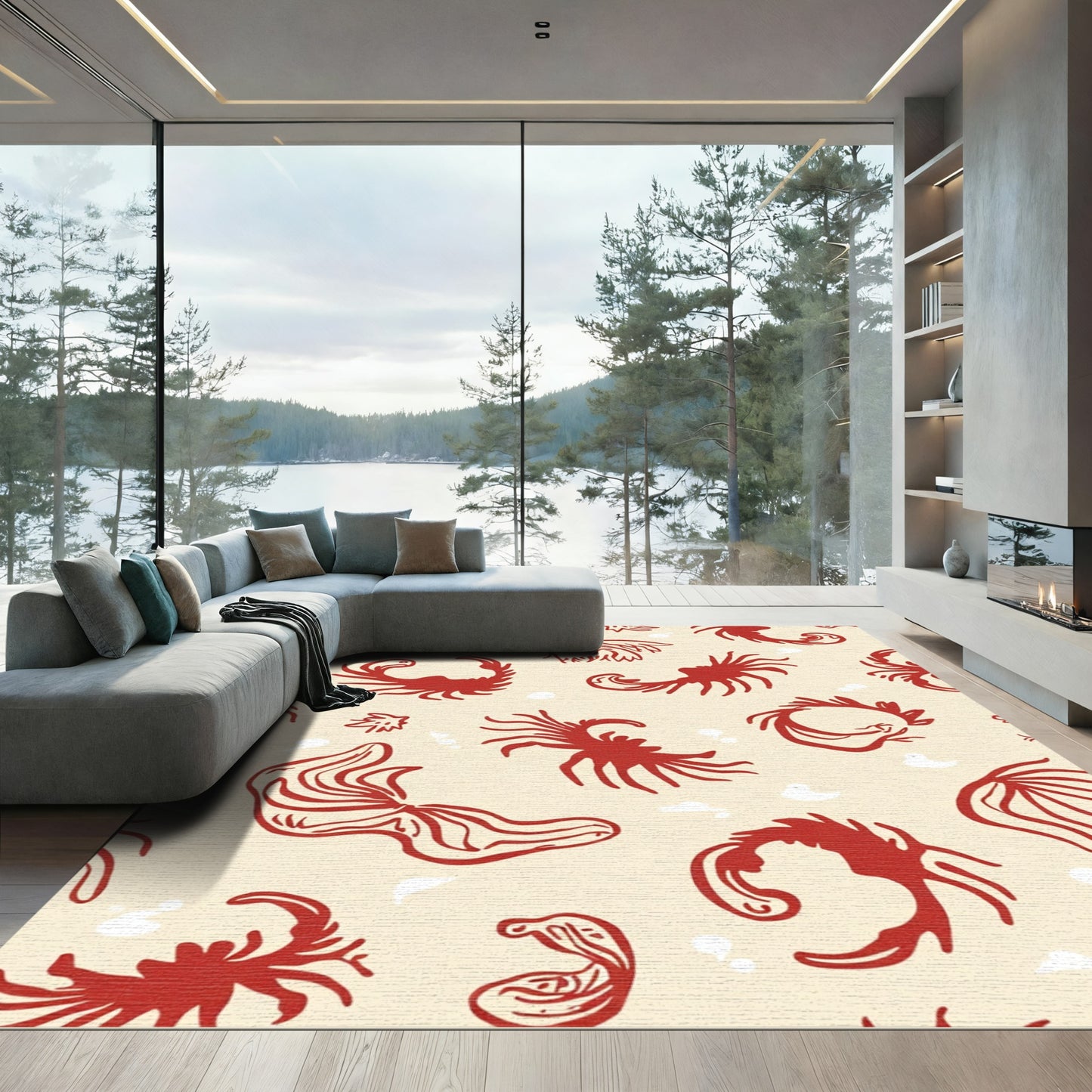 Crimson Winged Creatures Cream Rug