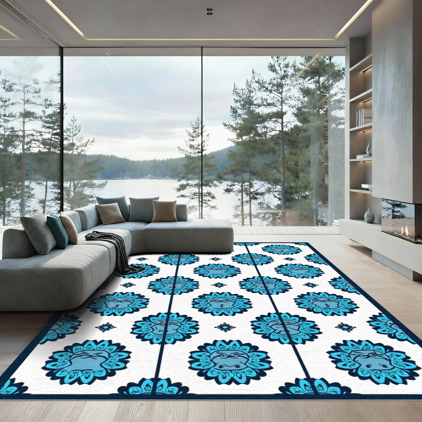 Azure Ornamental Face Repeat Design Rug