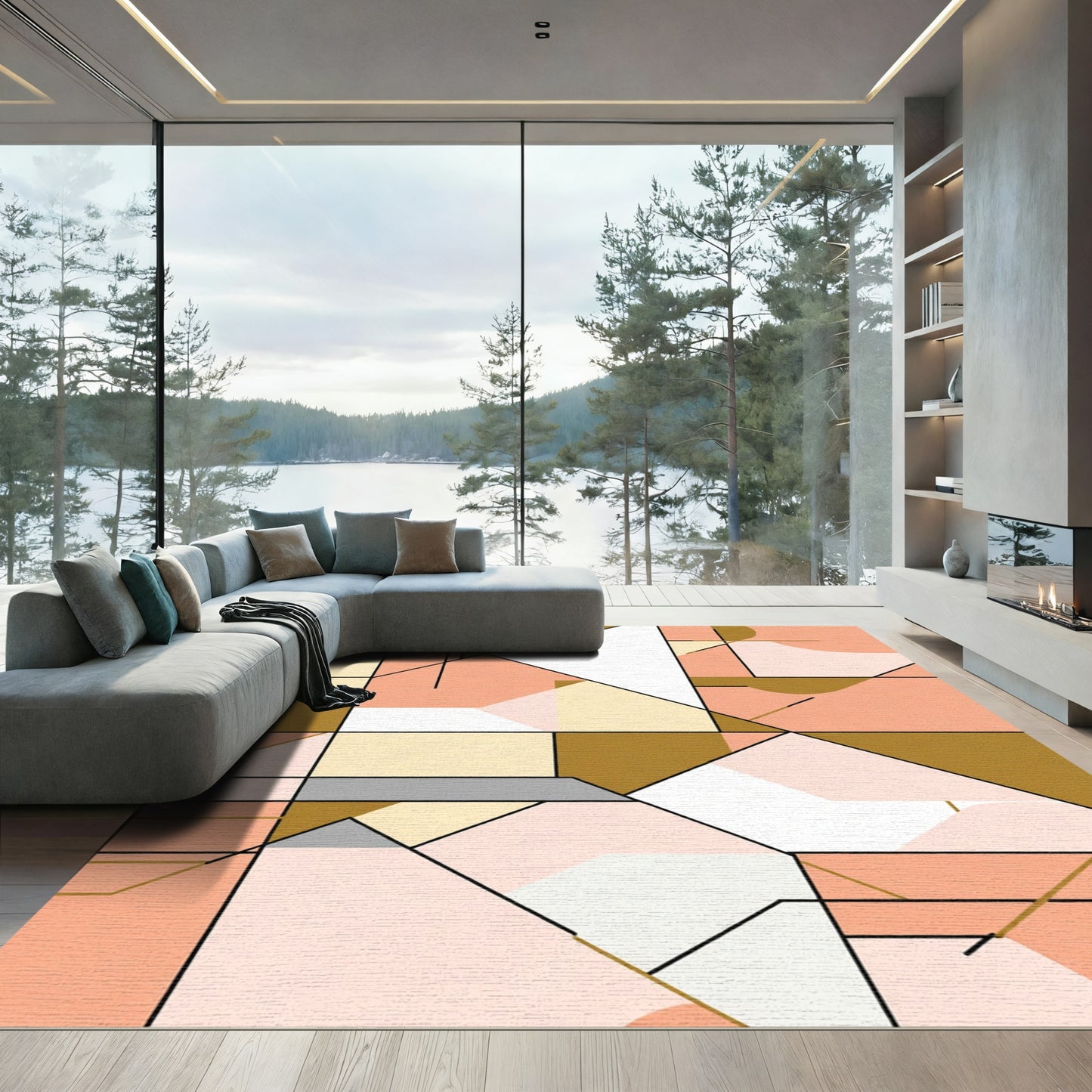 Coral Peach Geometric Abstract Shapes Rug