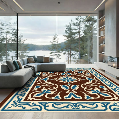 Brown Blue Floral Arabesque Medallion Rug
