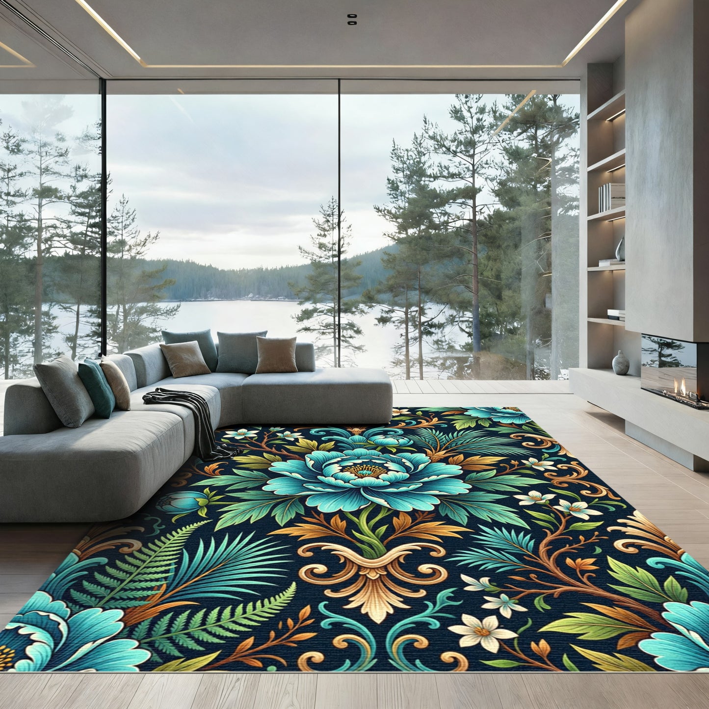 Bold Teal Floral Acanthus Scroll Rug