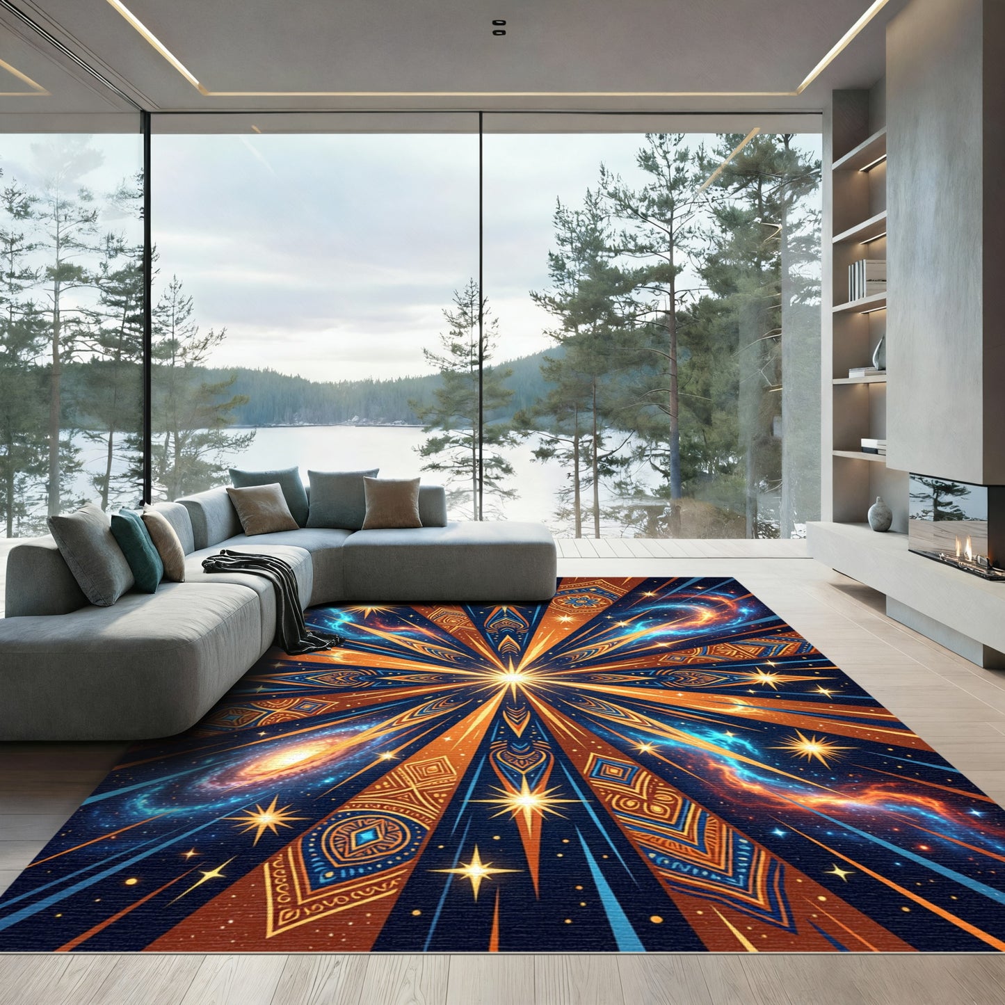 Cosmic Starburst Orange Blue Mandala Rug
