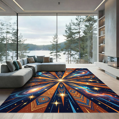 Cosmic Starburst Orange Blue Mandala Rug