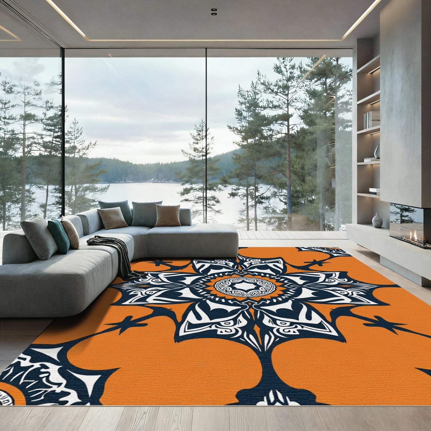 Bold Orange White Dark Medallion Rug