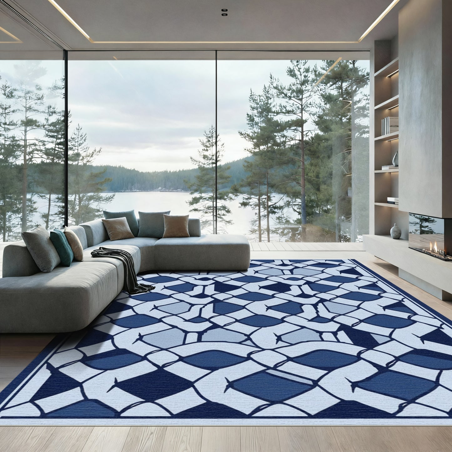 Blue Geometric Lattice Weave Rug