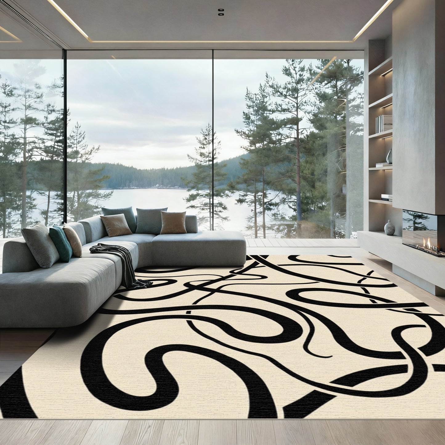 Black Wavy Lines Abstract Rug