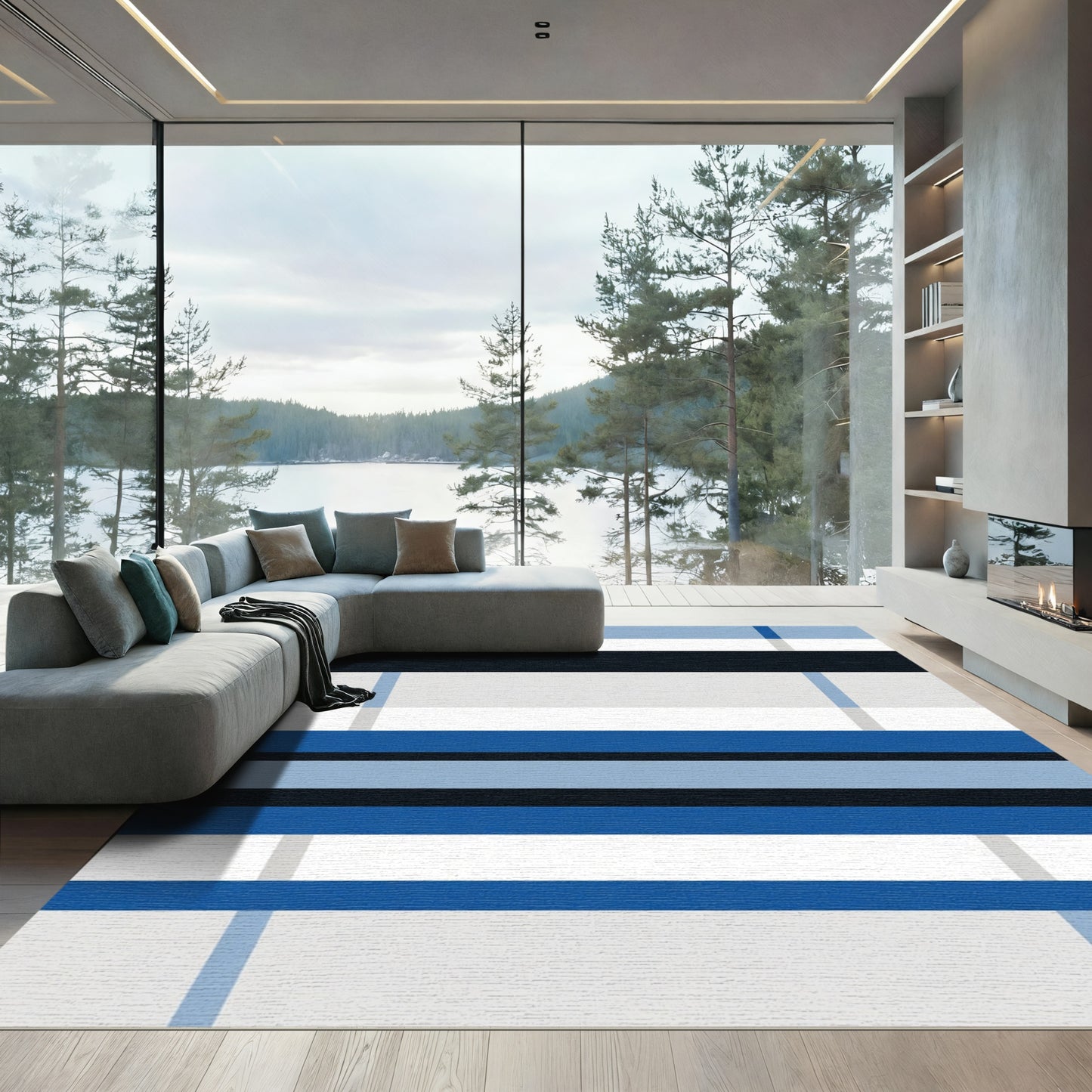 Modern Blue White Horizontal Stripe Rug
