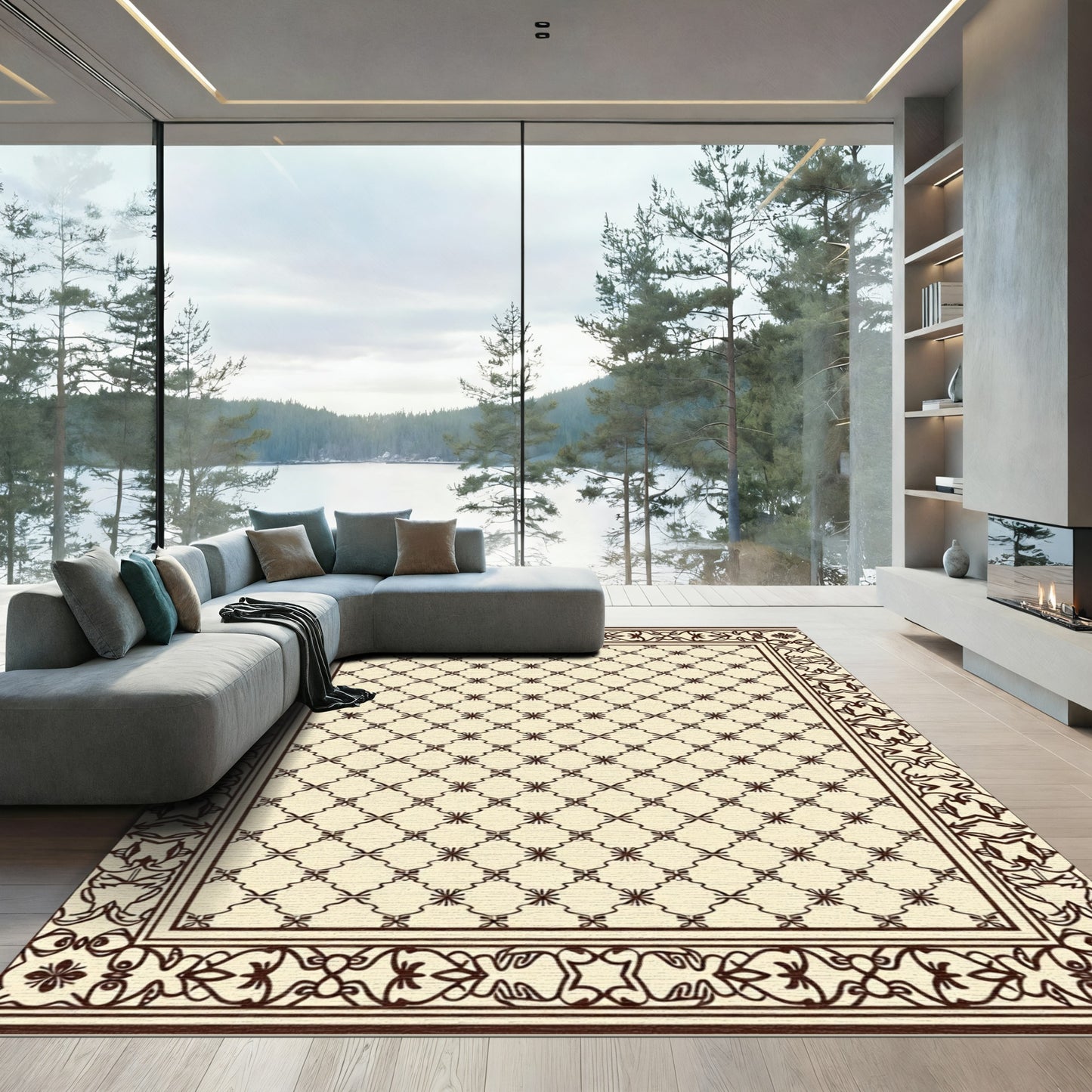 Cream Brown Lattice Border Rug