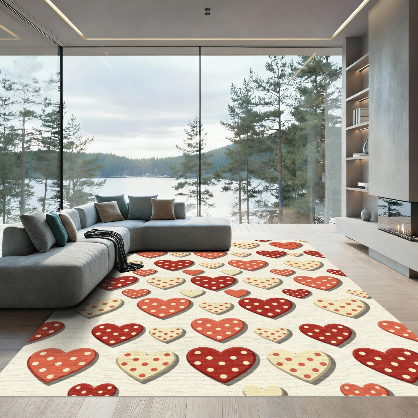 Crimson Cream Polka Dot Hearts Rug
