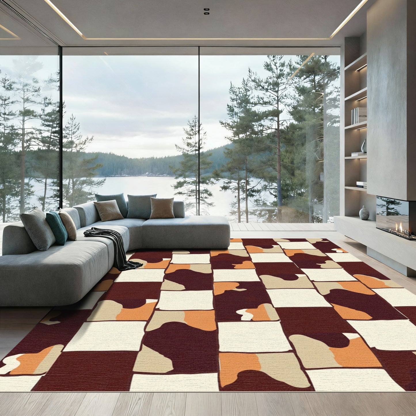 Warm Tan Abstract Stripe Rectangles Rug