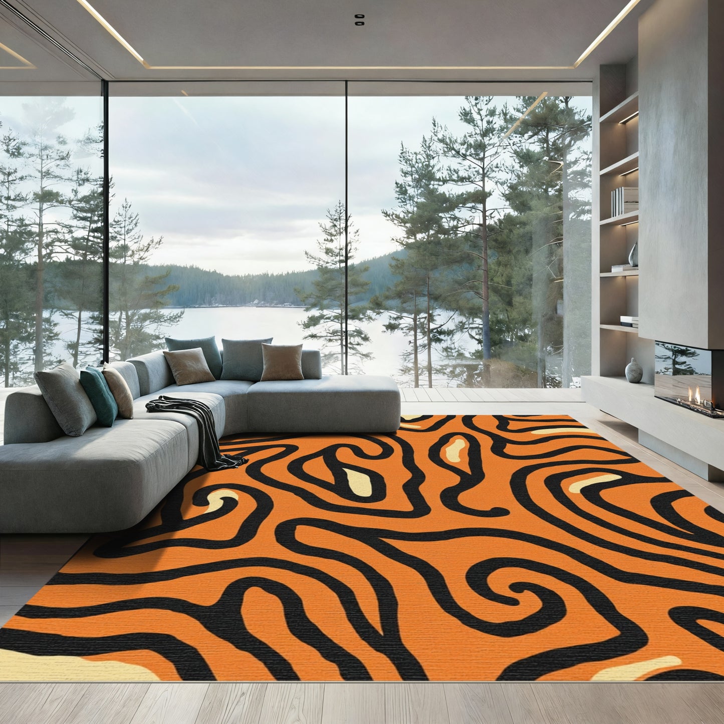 Orange Black Swirl Organic Flow Rug