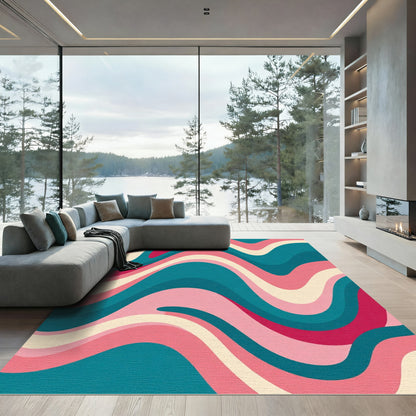 Retro Teal Pink Swirl Waves Rug