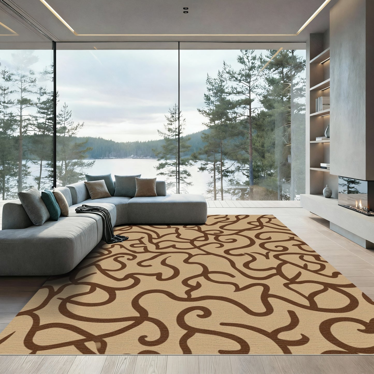 Brown Swirls on Tan Background Rug