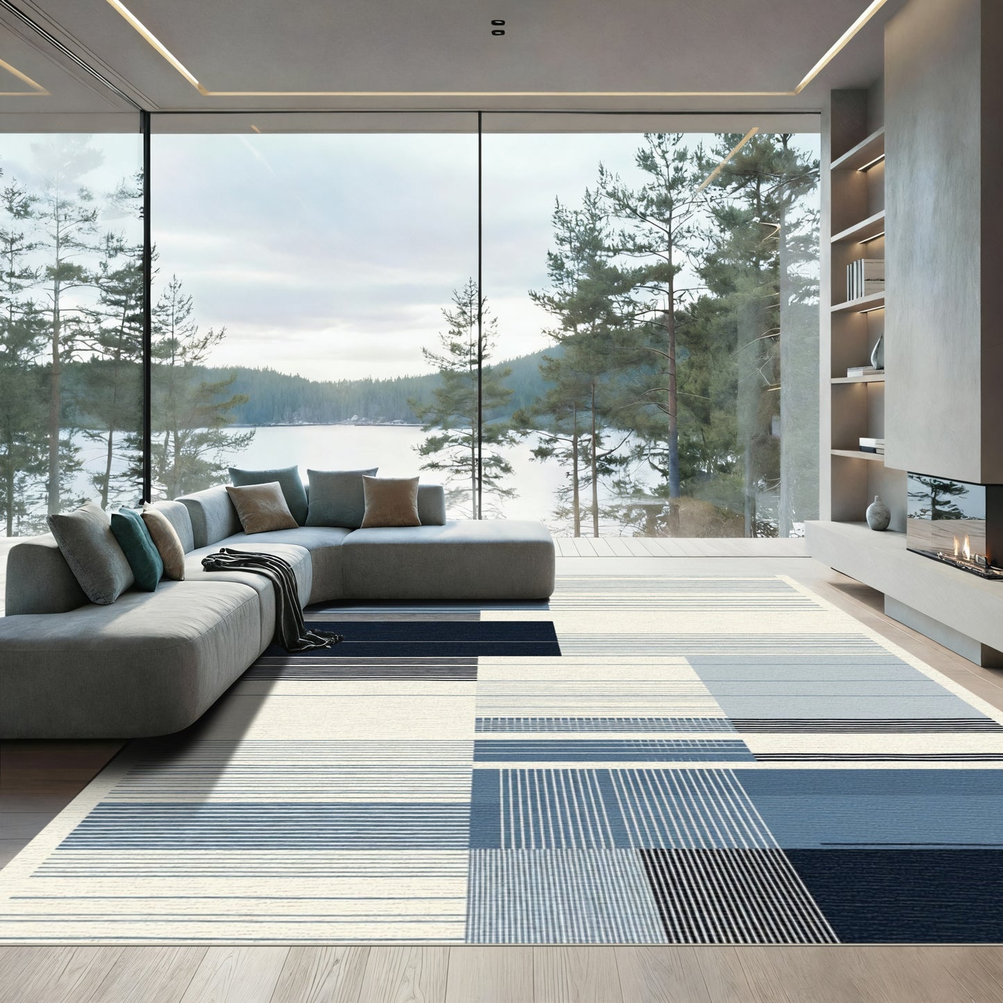 Abstract Blue Horizontal Vertical Stripes Rug