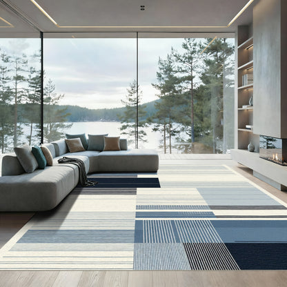 Abstract Blue Horizontal Vertical Stripes Rug