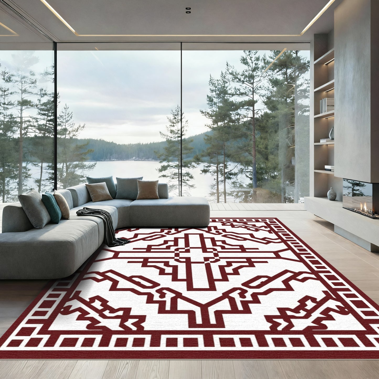 Maroon Geometric Contemporary Square Rug