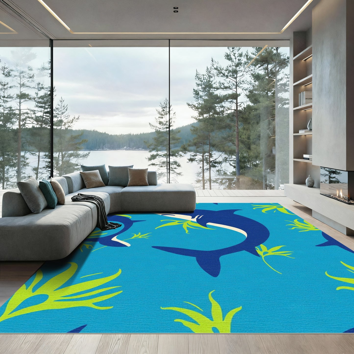 Navy Sharks Blue Ocean Undersea Life Rug
