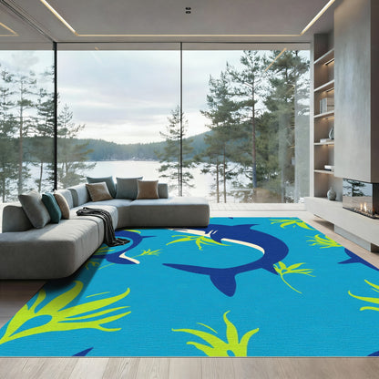 Navy Sharks Blue Ocean Undersea Life Rug