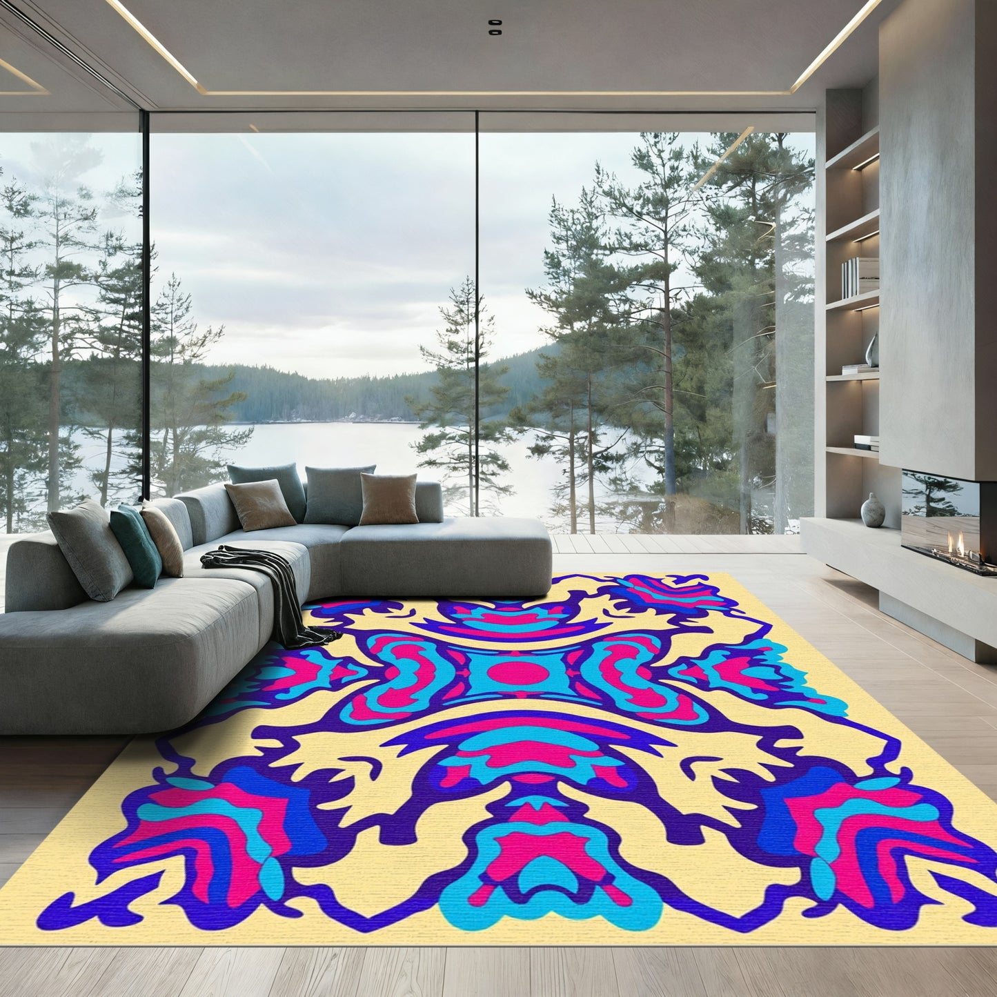 Psychedelic Pink Blue Organic Medallion Rug