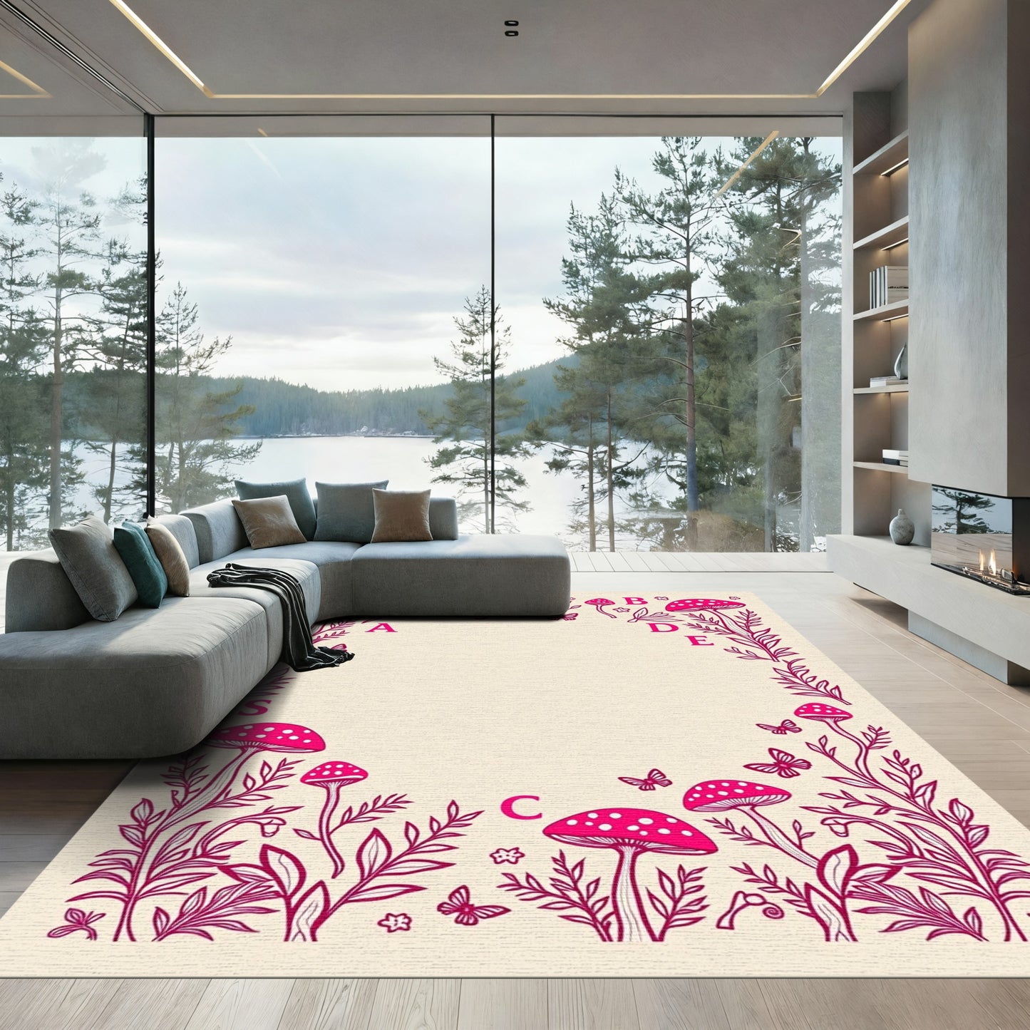 Whimsical Pink Mushroom Butterfly Frame Rug