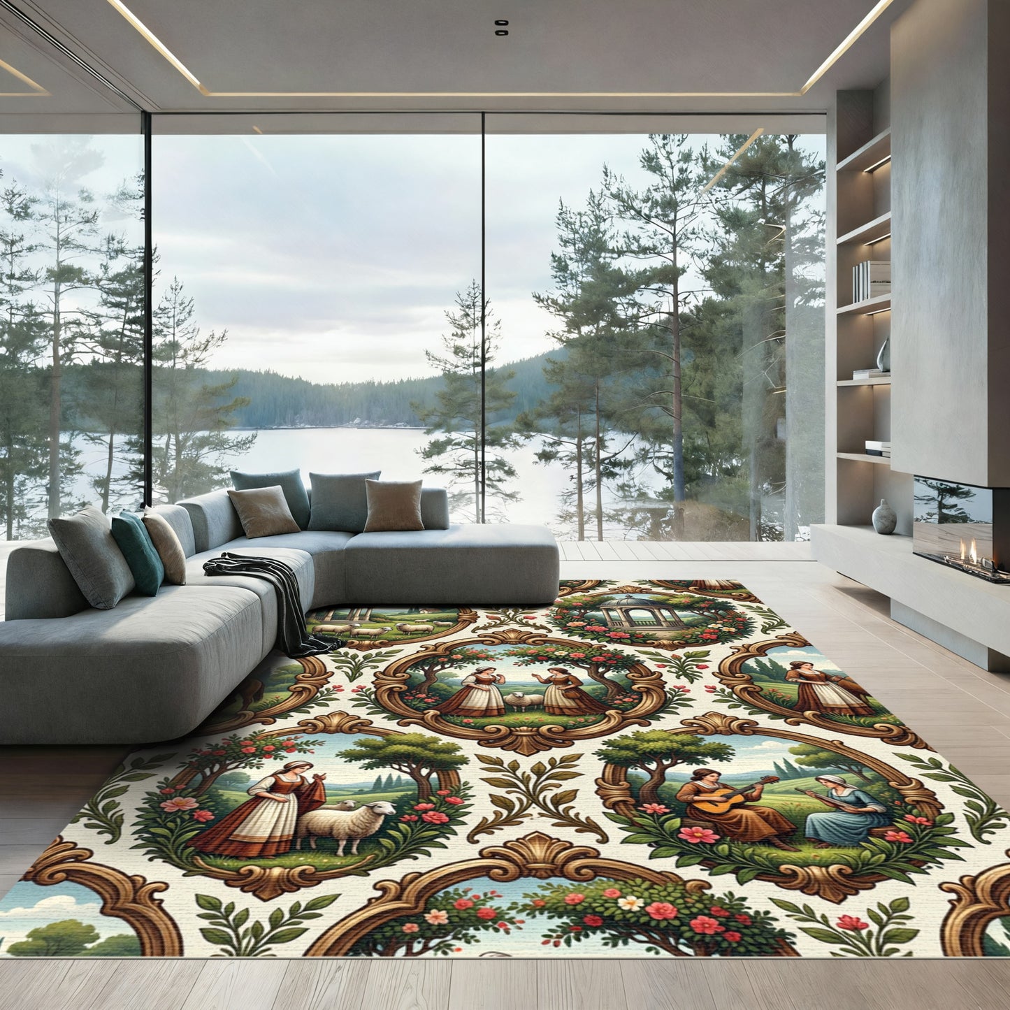Pastoral Scene Framed Garden Tapestry Rug