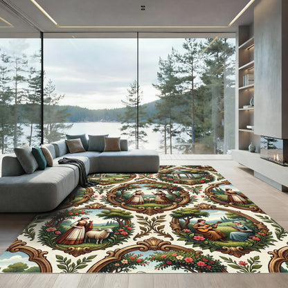 Pastoral Scene Framed Garden Tapestry Rug