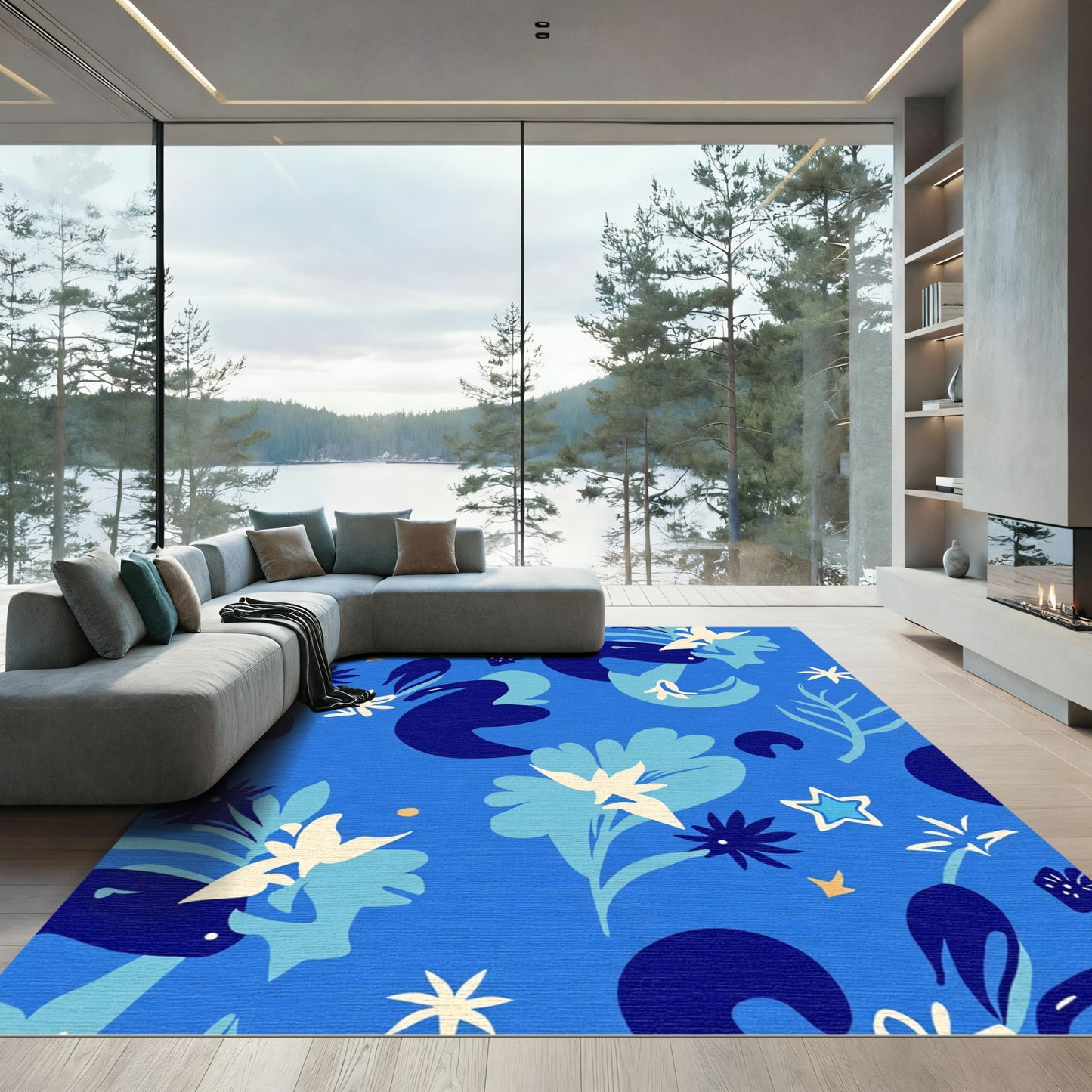 Bold Blue Abstract Floral Star Pattern Rug