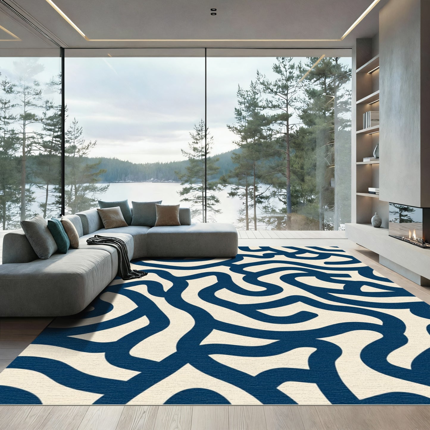 Navy Cream Organic Swirl Rug