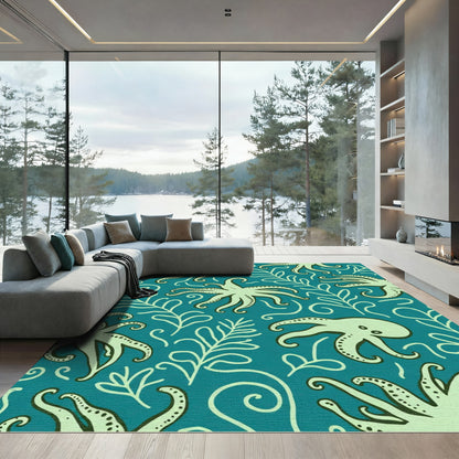 Teal Underwater Octopus Botanical Scene Rug