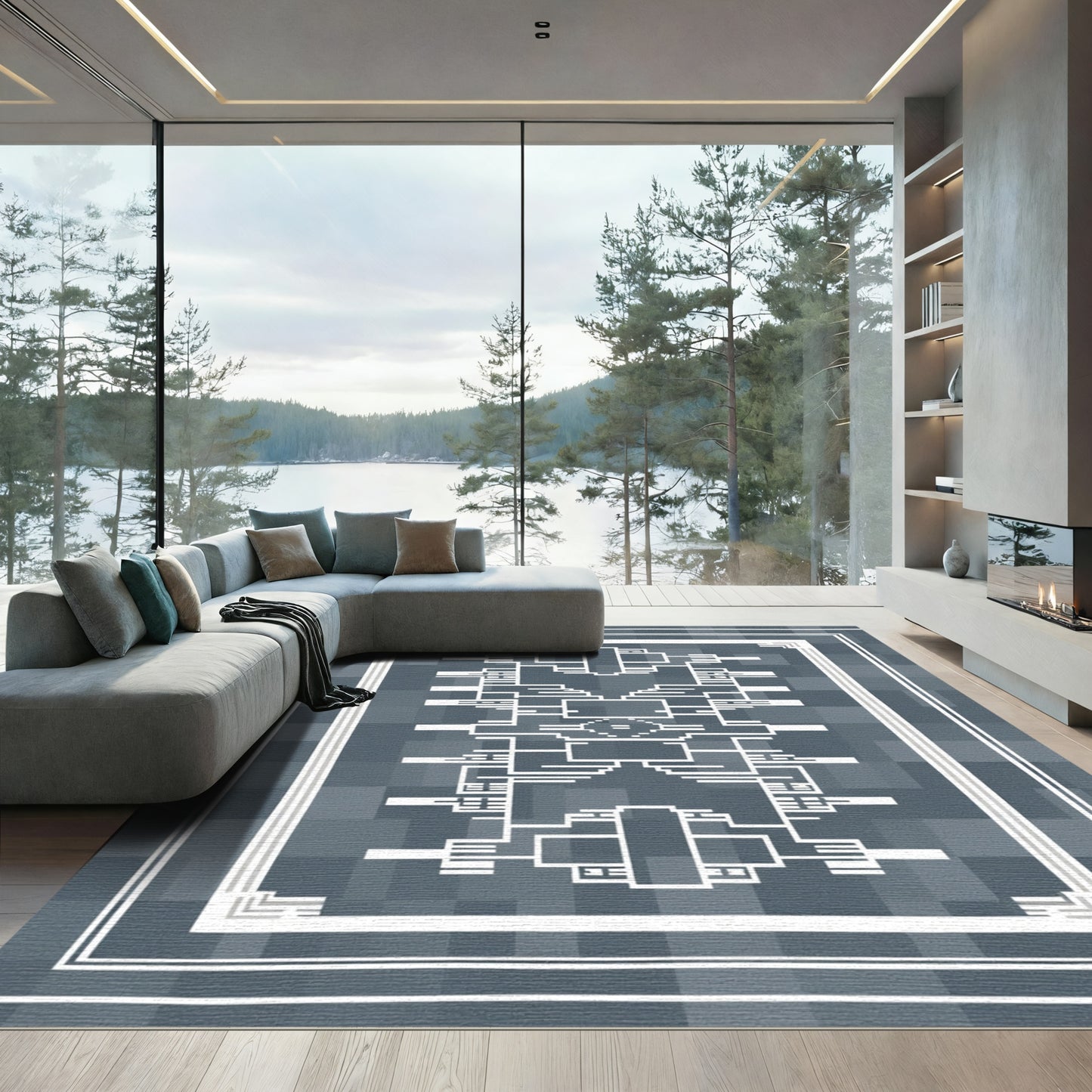 Gray White Geometric Outline Rug