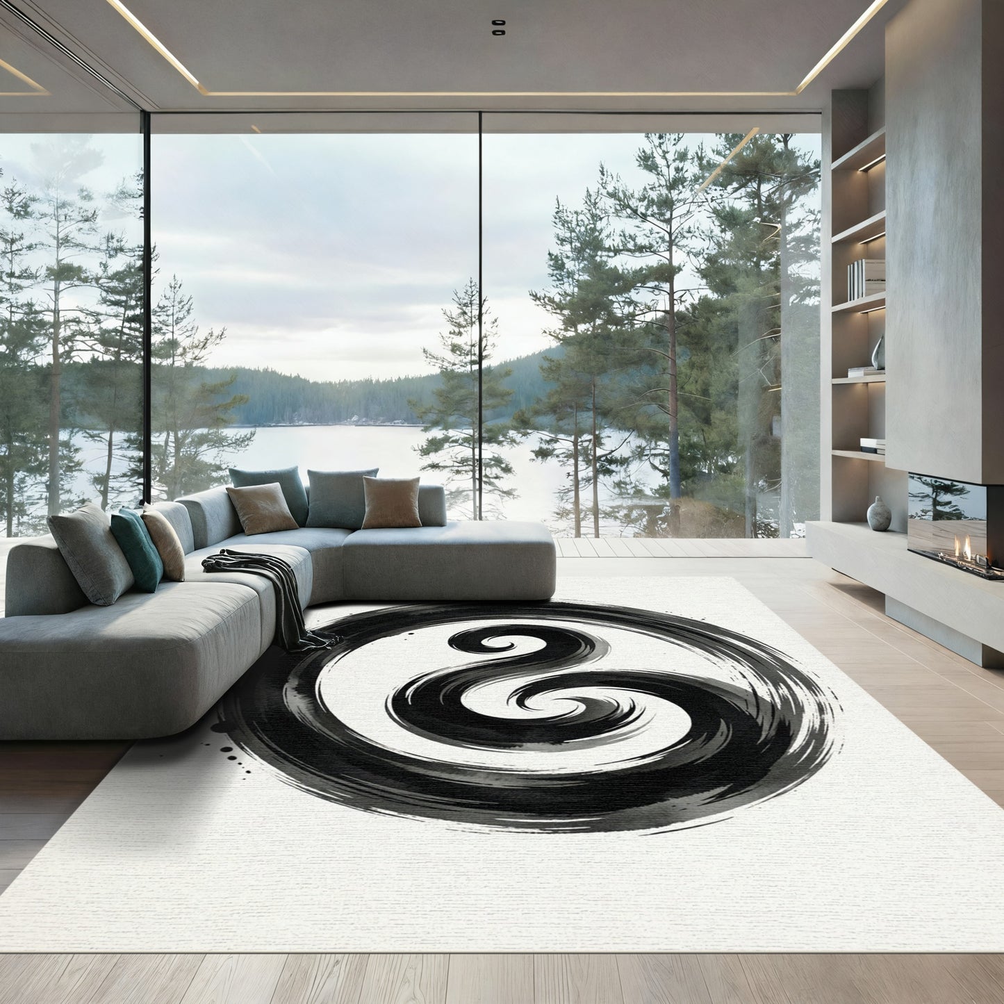 Modern Black Ink Swirl Rug