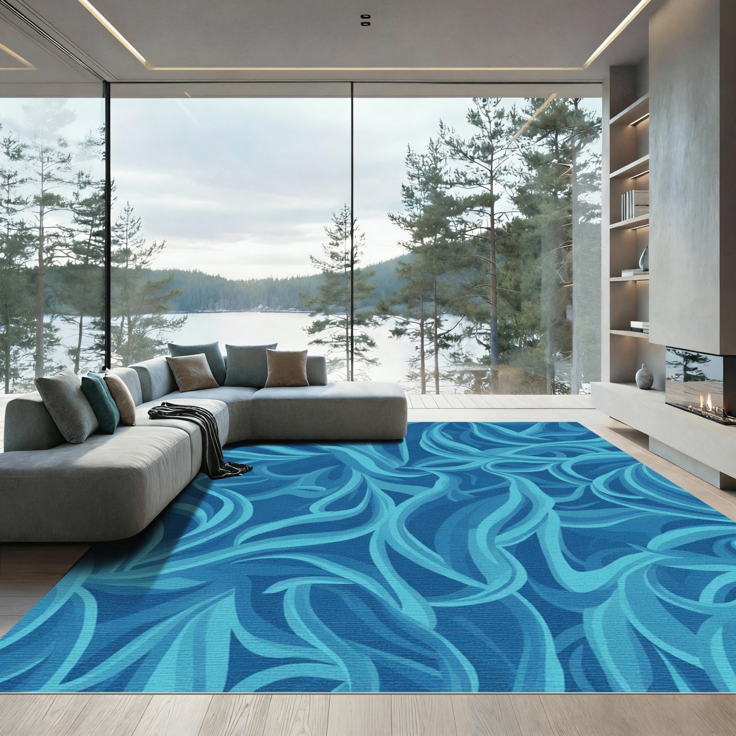 Ocean Blue Wavy Swirl Rug
