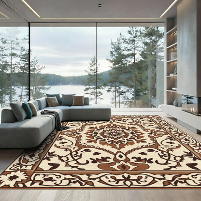 Ornate Brown and Cream Medallion Border Rug