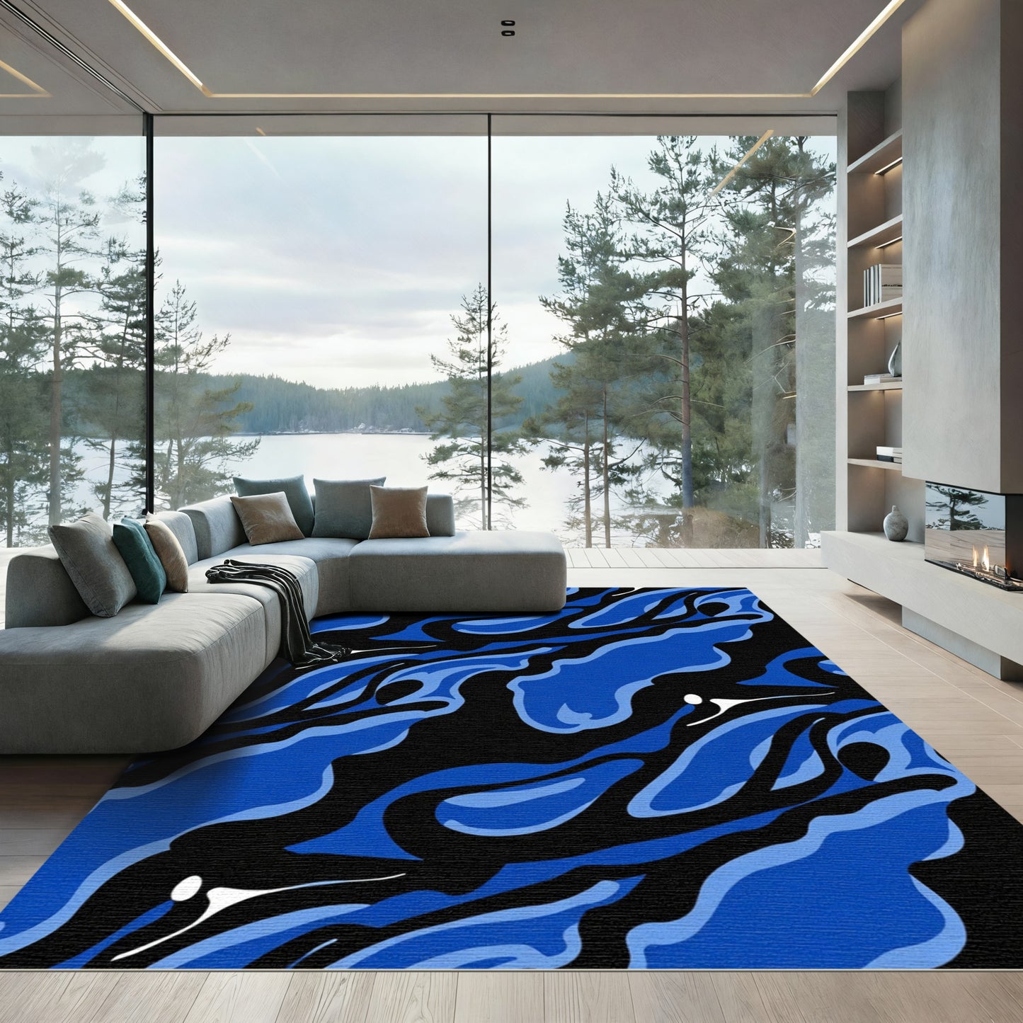 Dynamic Blue Black Wavy Organic Forms Rug
