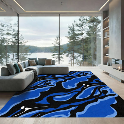 Dynamic Blue Black Wavy Organic Forms Rug
