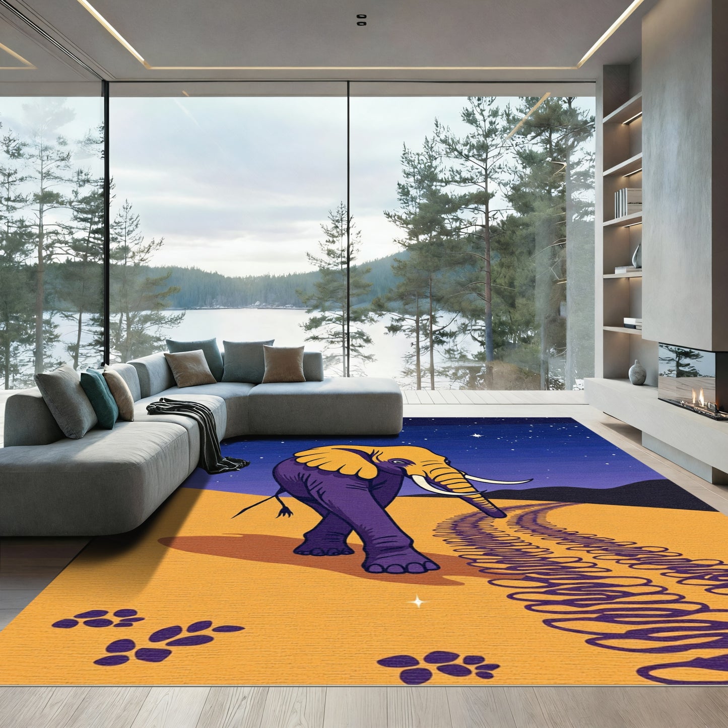 Purple Elephant Under Starry Night Sky Rug