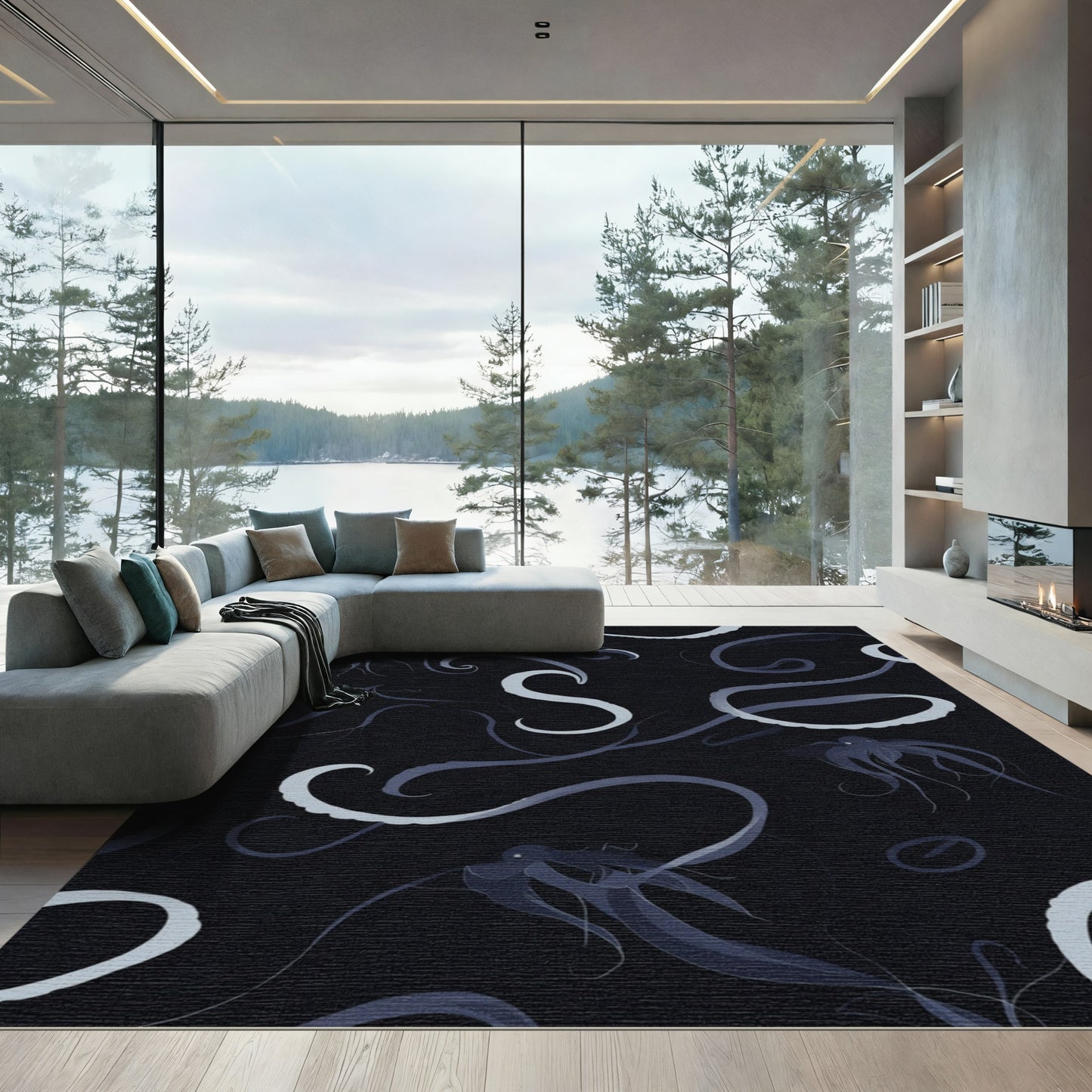 Deep Blue Octopus Tentacle Swirl Rug