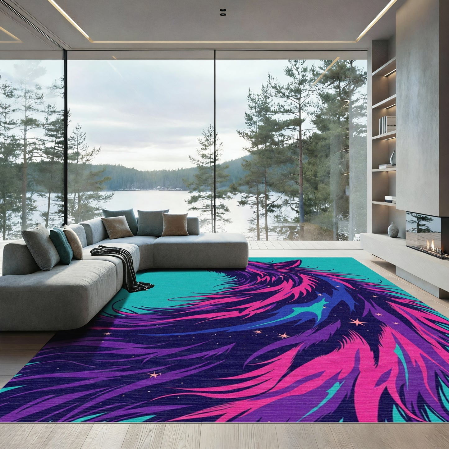 Electric Purple Wolf Starry Night Rug